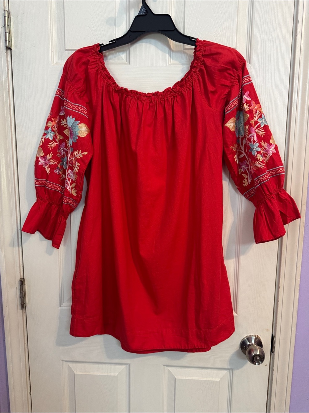 Free People Bright Red Smocked Top with Embroidery - Picture 3 of 6